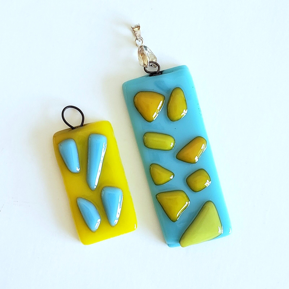 Vintage Pendants Fused Glass Yellow Blue Modern Brutalist Artisan Boho Lot Of 2